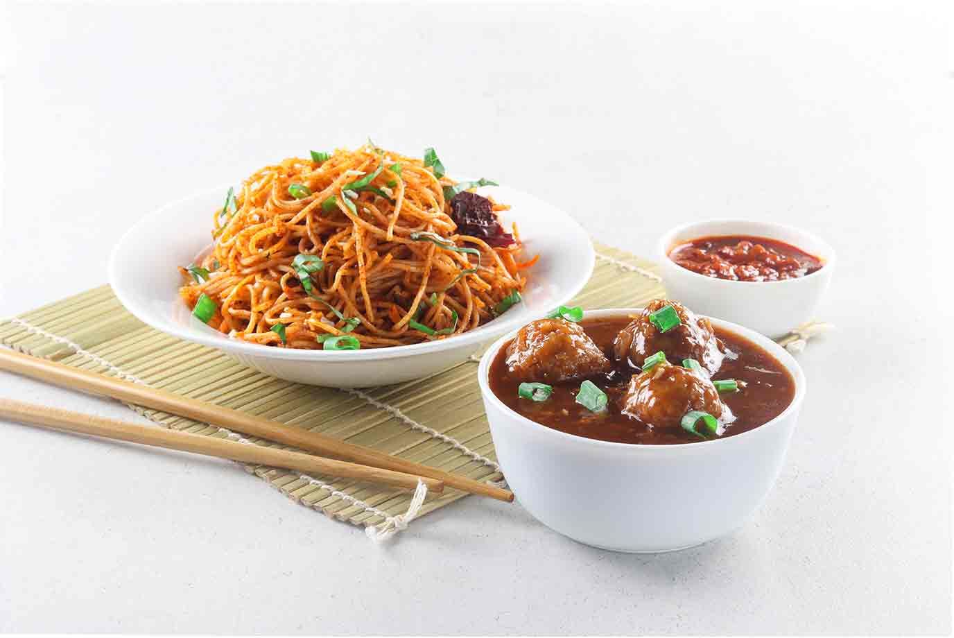 Veg Manchurian with Chili Basil Noodles