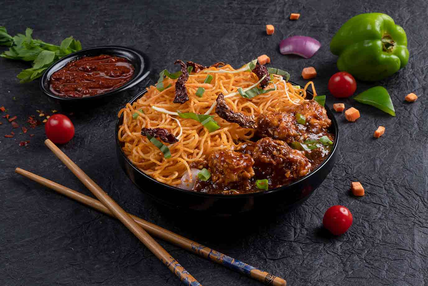 Black Pepper Chicken and Chilli Basil Noodles