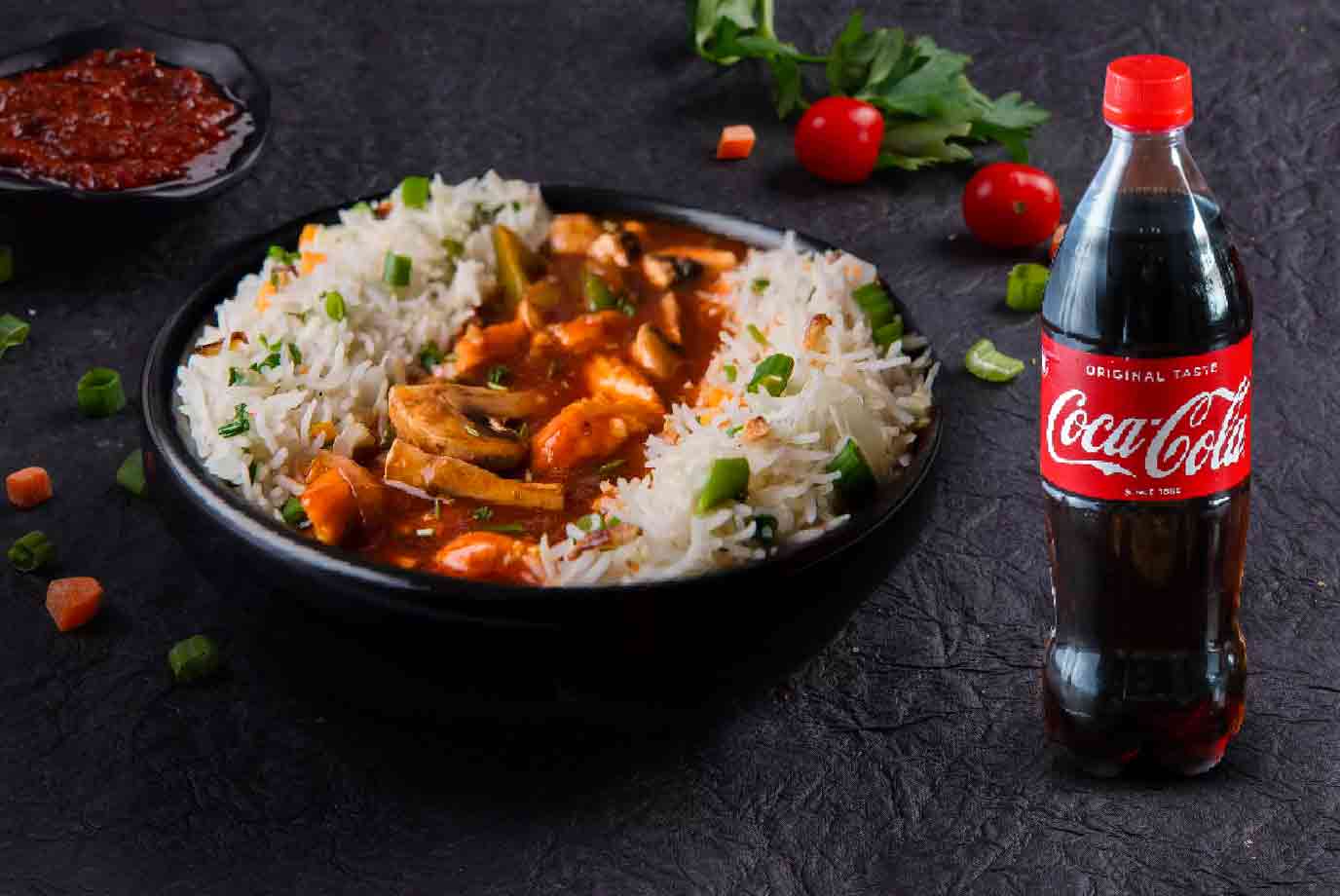 Kung Pao Vegetables with Veg Burnt Garlic Rice & Coke 475 ML